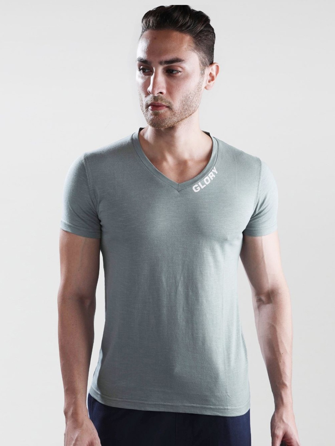 

Dream of Glory Inc Men Olive Green Brand Logo V-Neck Pure Cotton T-shirt