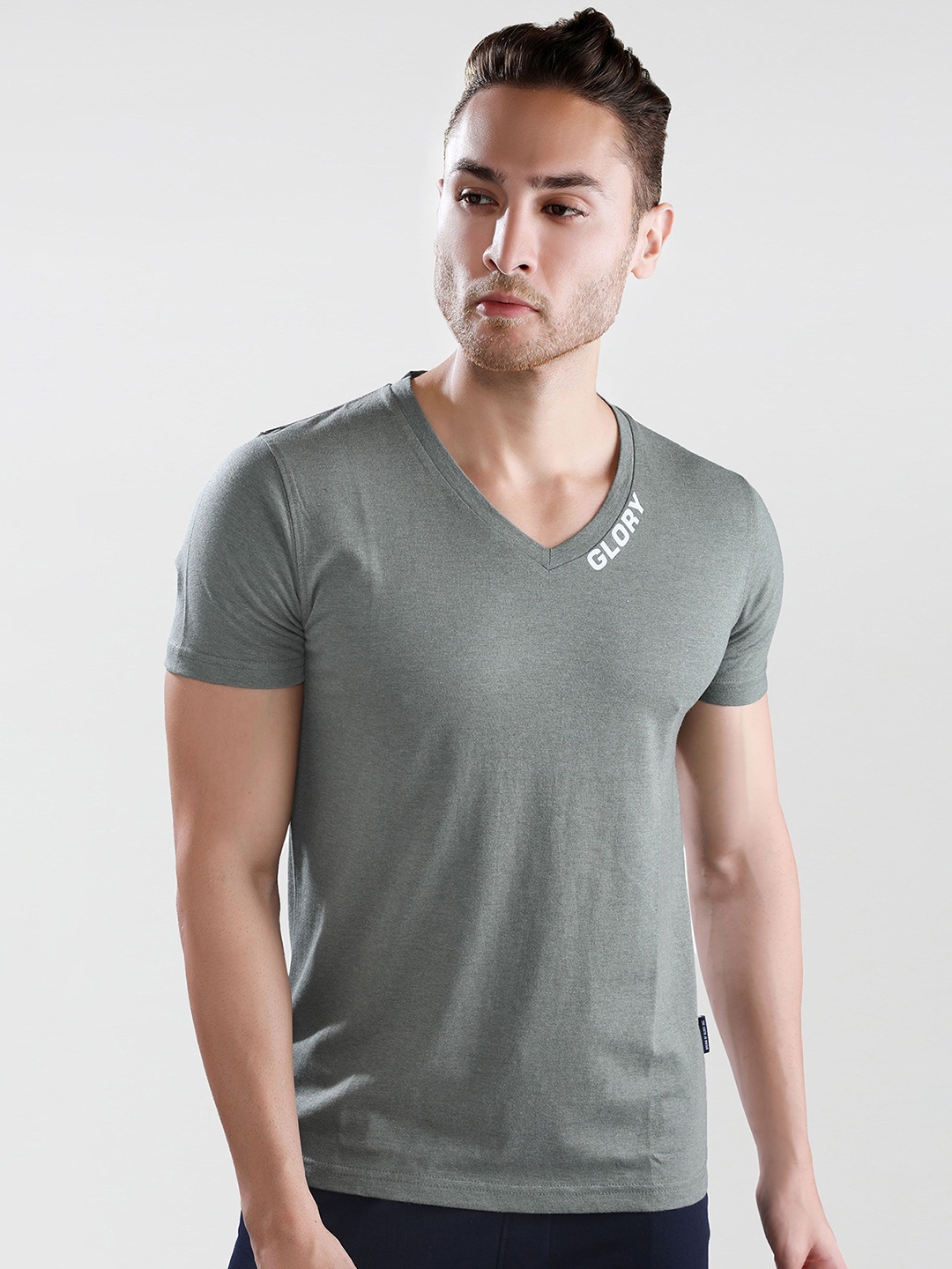

Dream of Glory Inc Men Green Brand Logo V-Neck Pure Cotton T-shirt