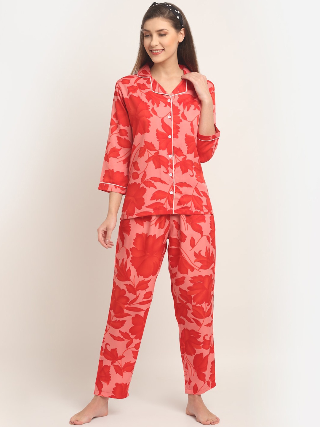 

Boston Club Women Pink & Red Printed Lapel Collar Night suit