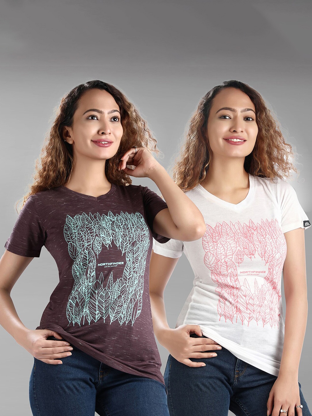 Dream of Glory Inc Women Pack Of 2 Brown & White Printed V-Neck T-shirt