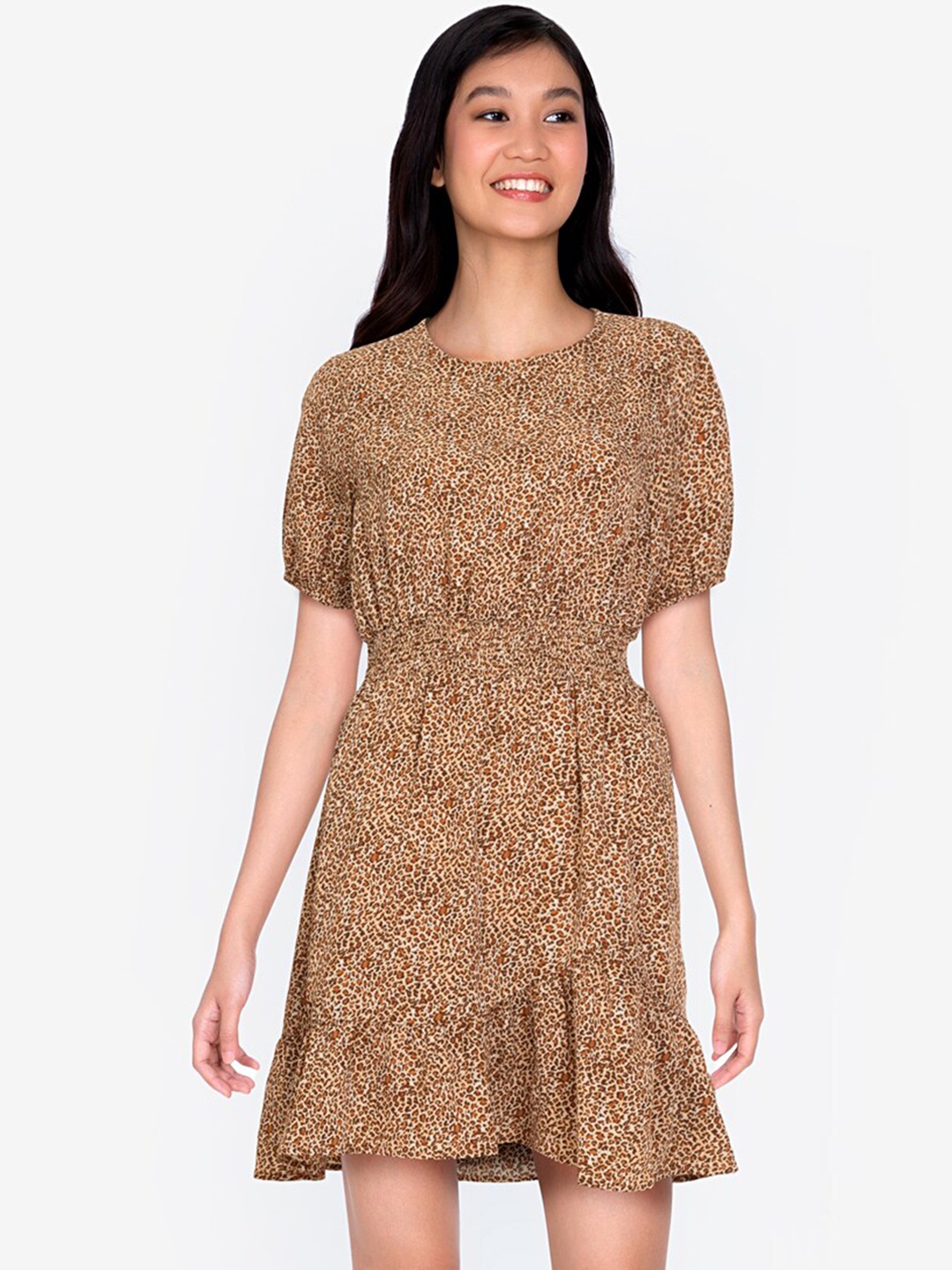 

ZALORA BASICS Brown Animal Smock Waist Mini Dress