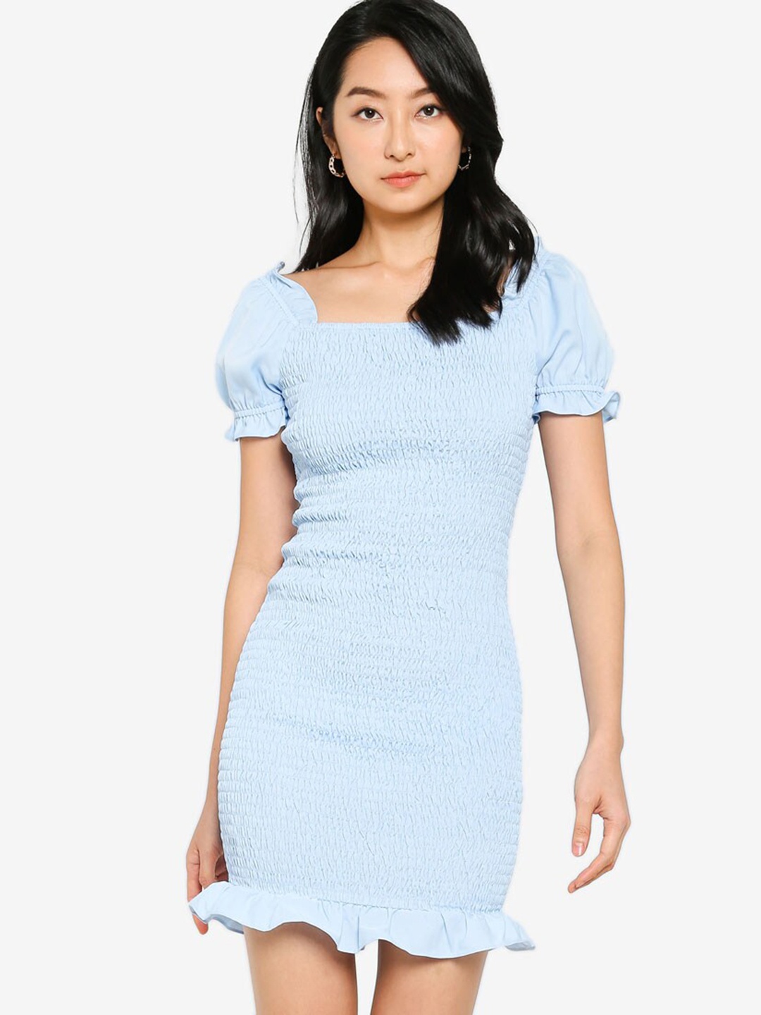 

ZALORA BASICS Blue Square Neck Smocked Mini Dress