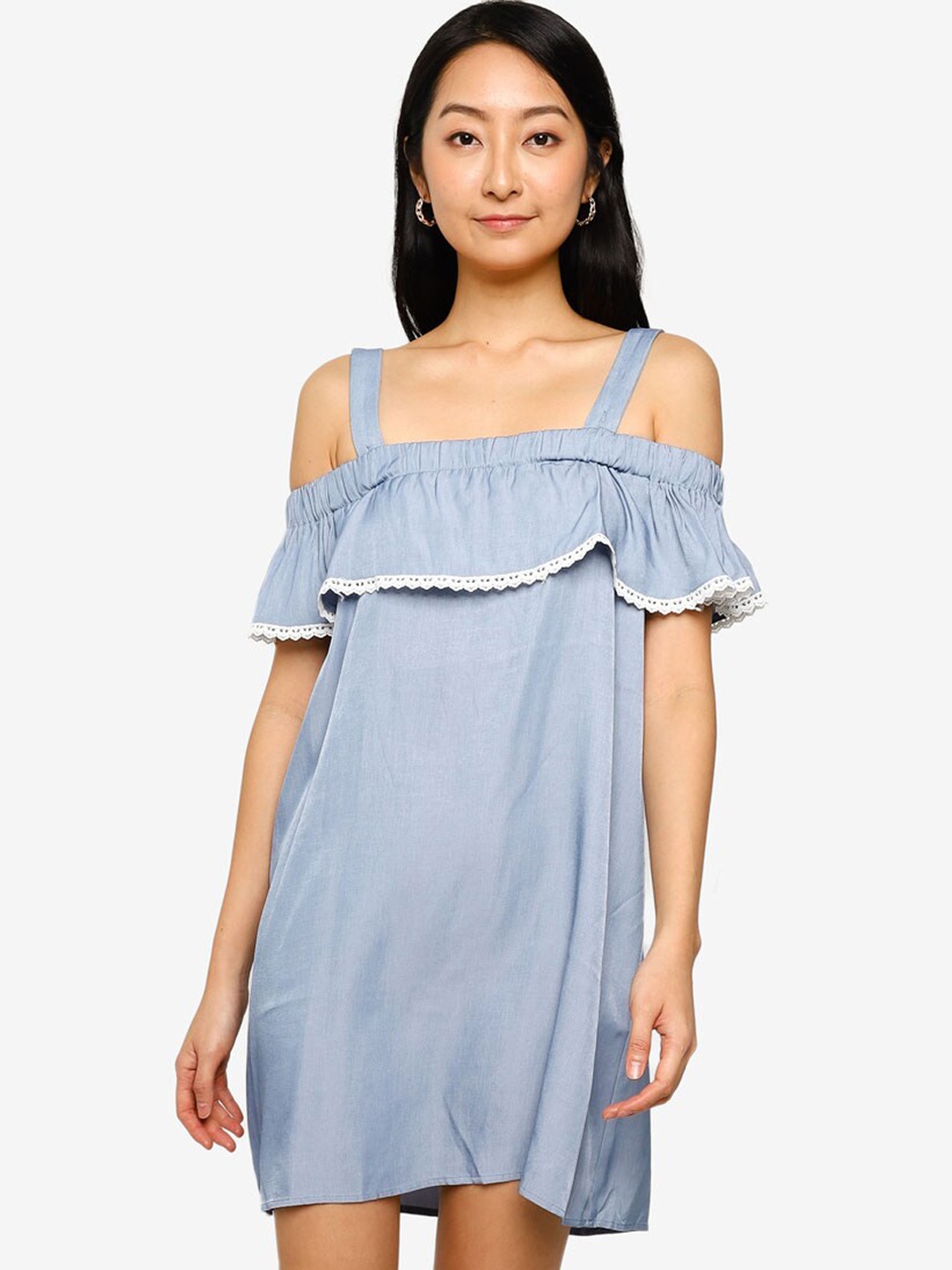 

ZALORA BASICS Blue Embroidered Cold Shoulder Mini Dress