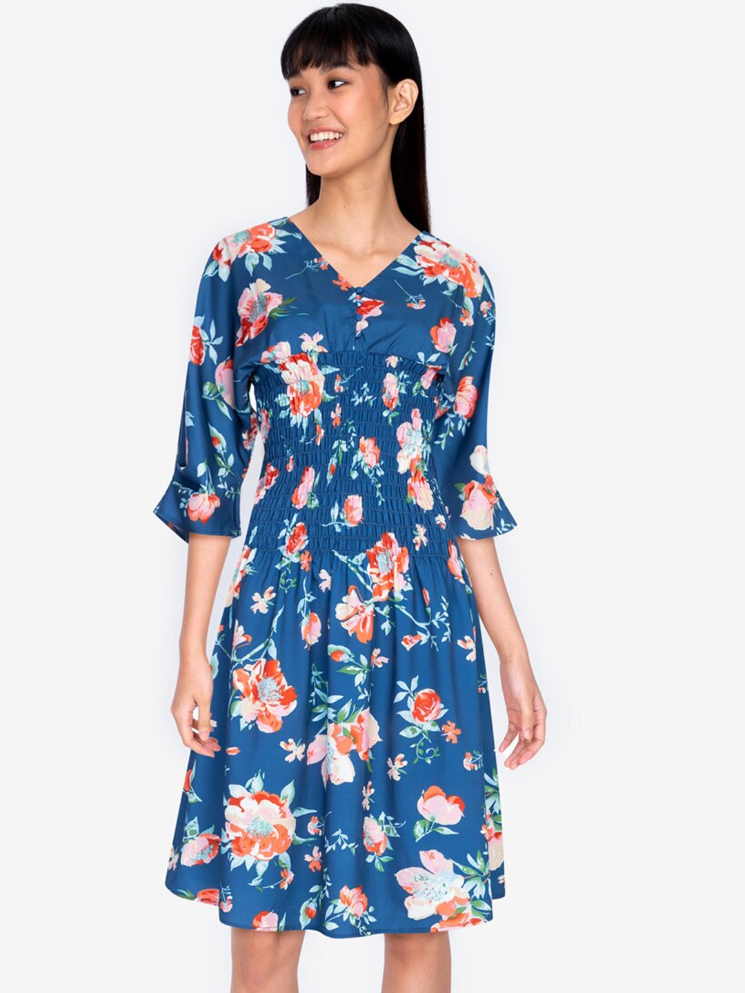 

ZALORA BASICS Blue & Orange Floral Smoked Waist Dolman Sleeves Dress