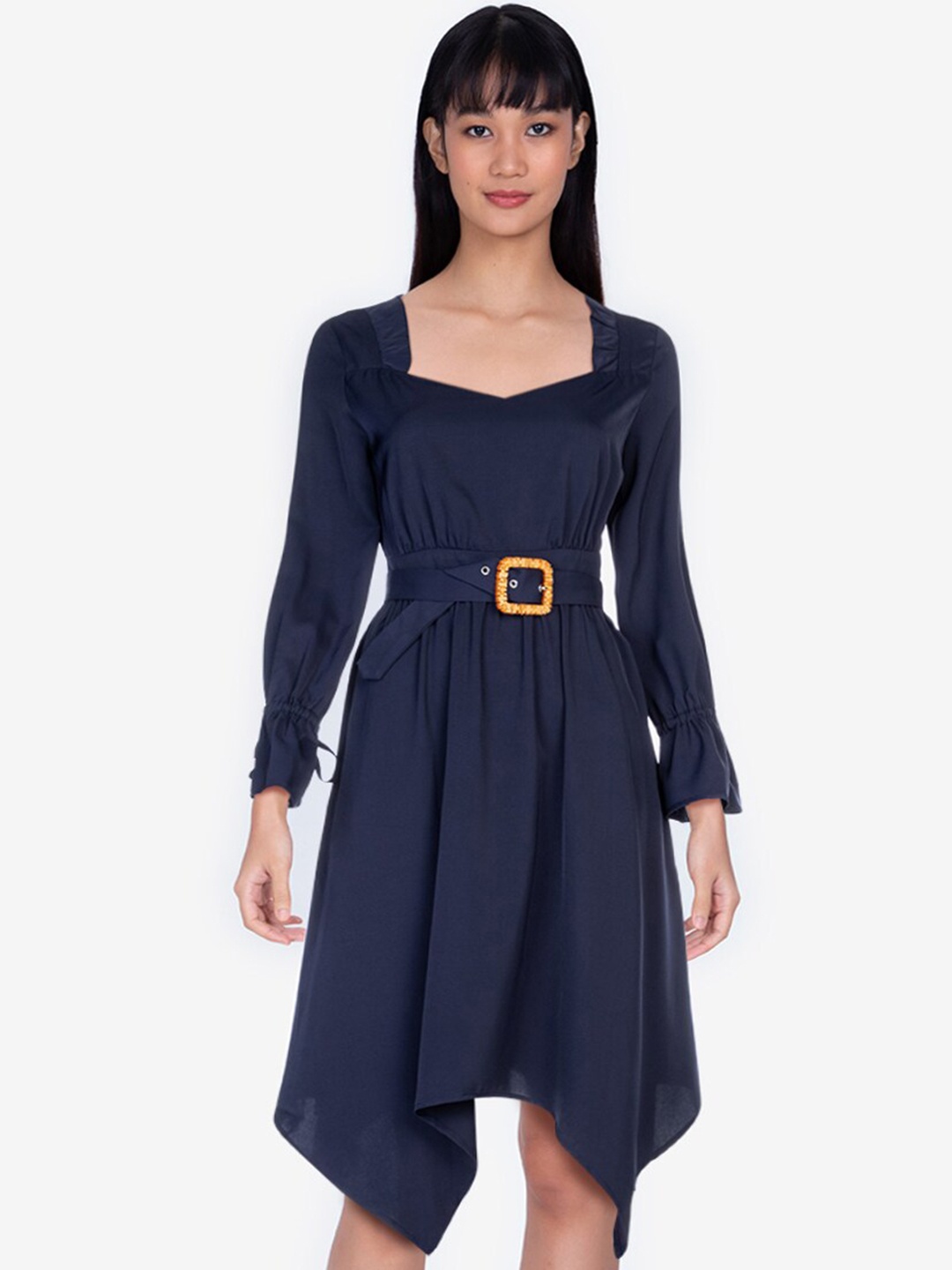 

ZALORA BASICS Women Navy Blue Solid Belted detail Asymmetric A-Line Dress