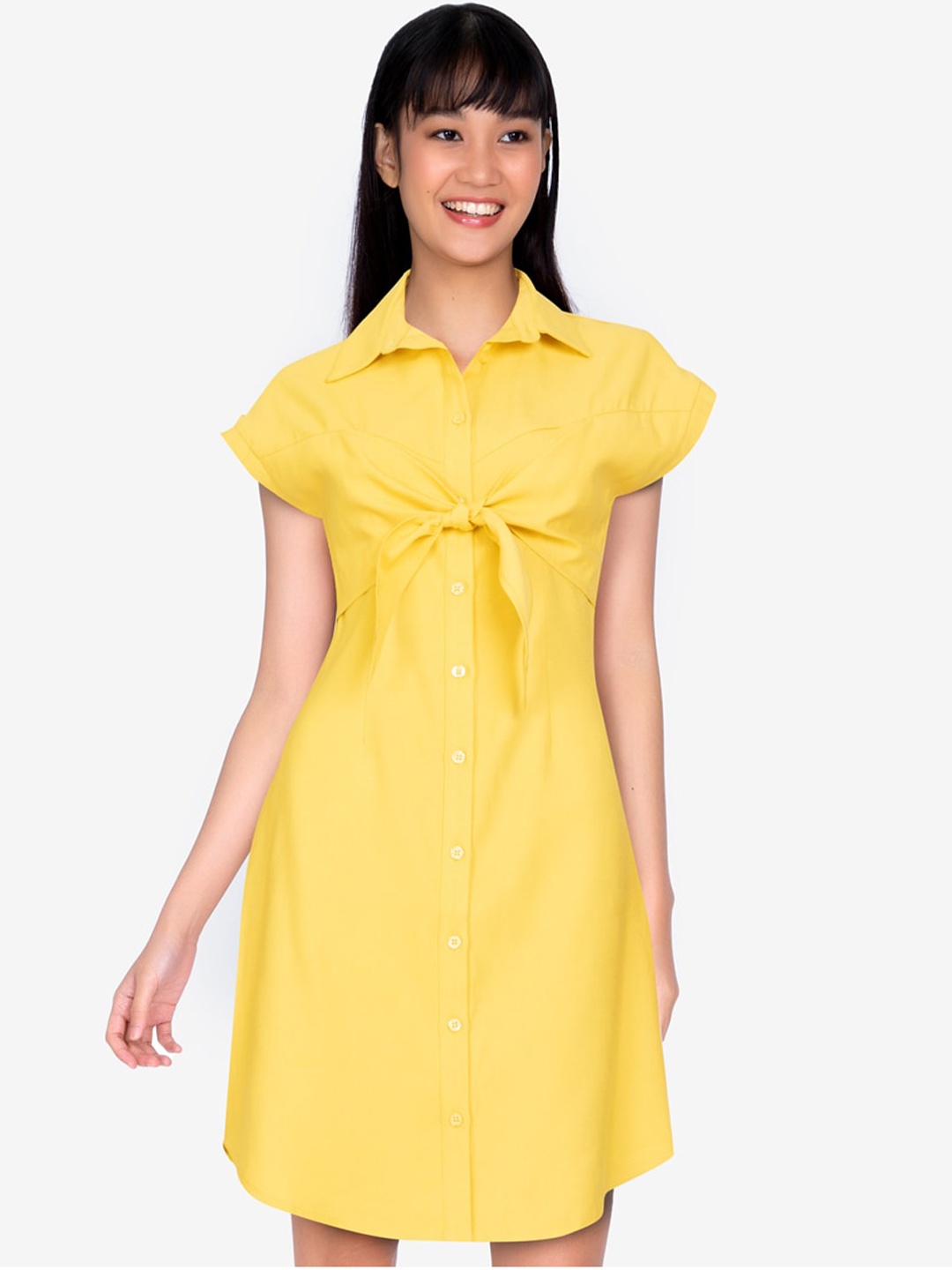 

ZALORA BASICS Women Yellow Front Bow Tie Shirt Dress