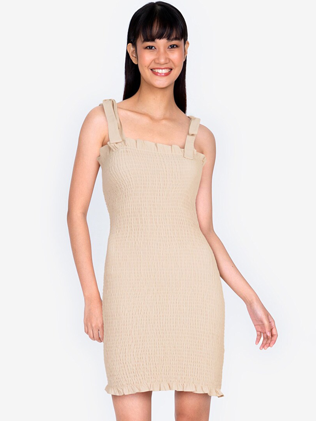 

ZALORA BASICS Women Beige Tie Straps Smocked Bodycon Dress