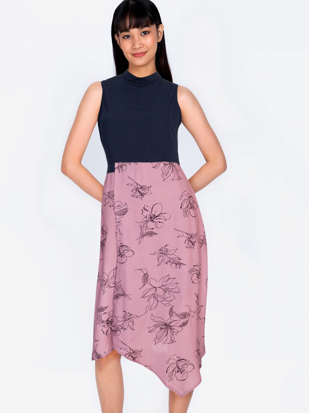 

ZALORA BASICS Navy Blue & Pink Floral A-Line Dress