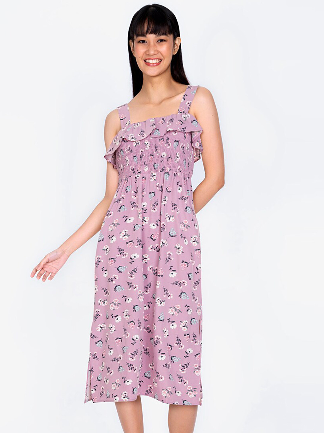 

ZALORA BASICS Women Violet Floral Printed Ruffle Detail A-Line Midi Dress