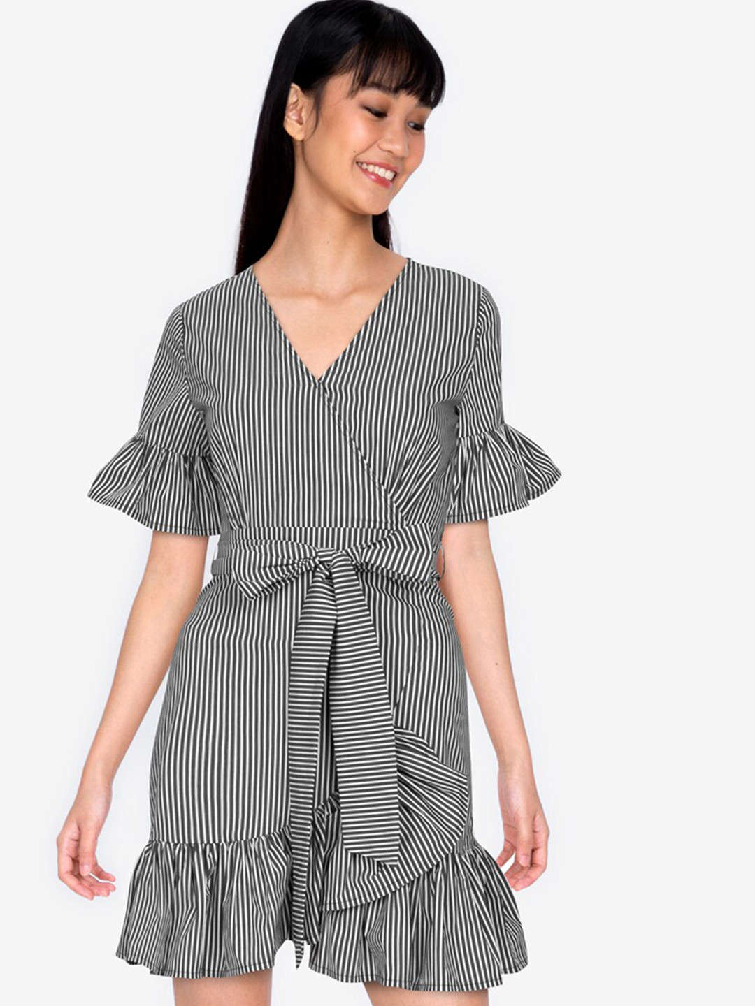 

ZALORA BASICS Black & White Striped Bell Sleeves Wrap Dress