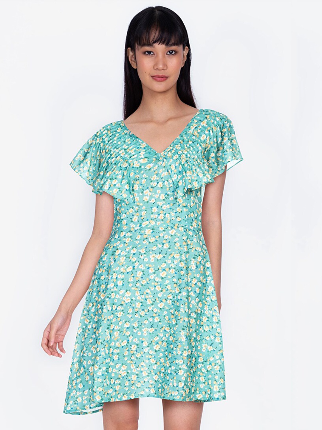 

ZALORA BASICS Turquoise Blue Floral A-Line Dress