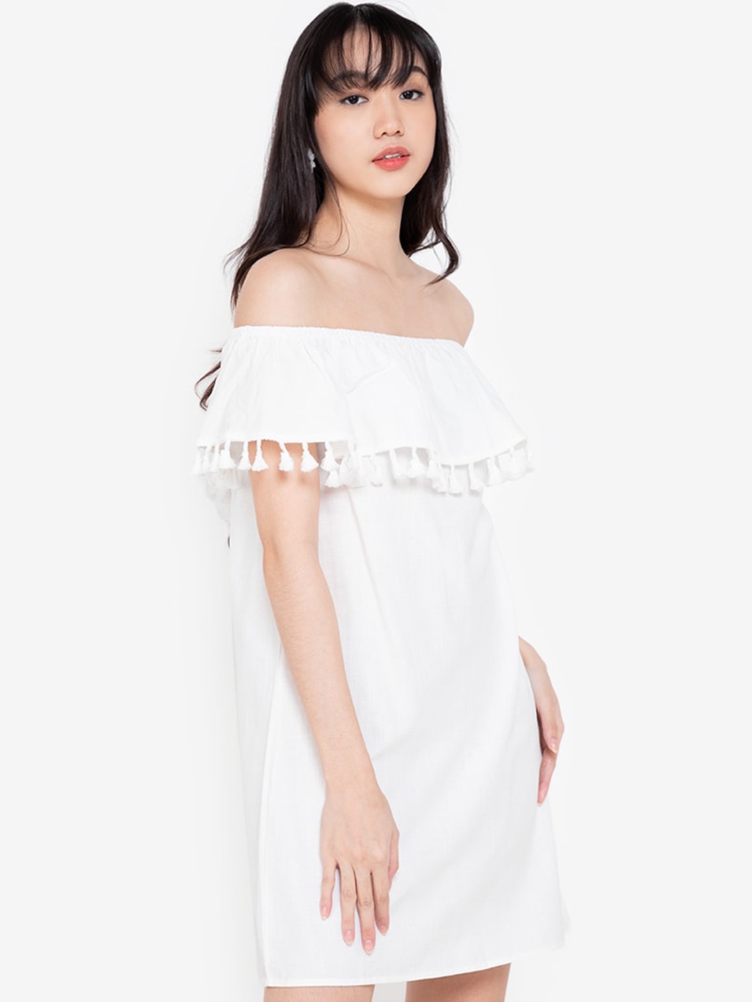 

ZALORA BASICS Women White Solid Tassel Detailed Off-Shoulder A-Line Dress