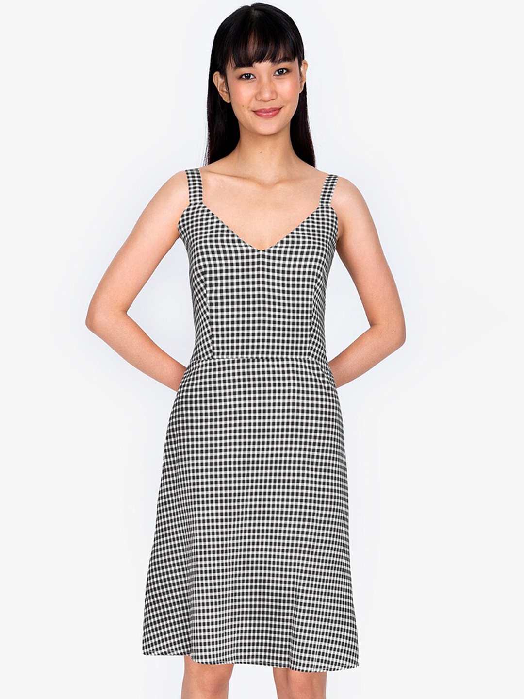 

ZALORA BASICS Women Black & White Checked Double Tie Backless A-Line Dress