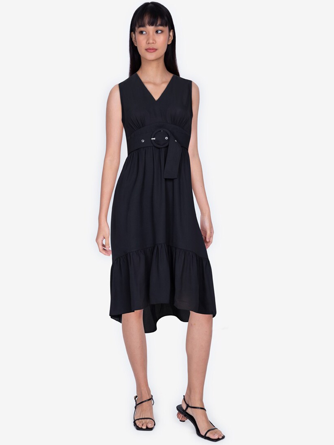 

ZALORA BASICS Women Solid Black Belted detail A-Line Sleeveless Dress