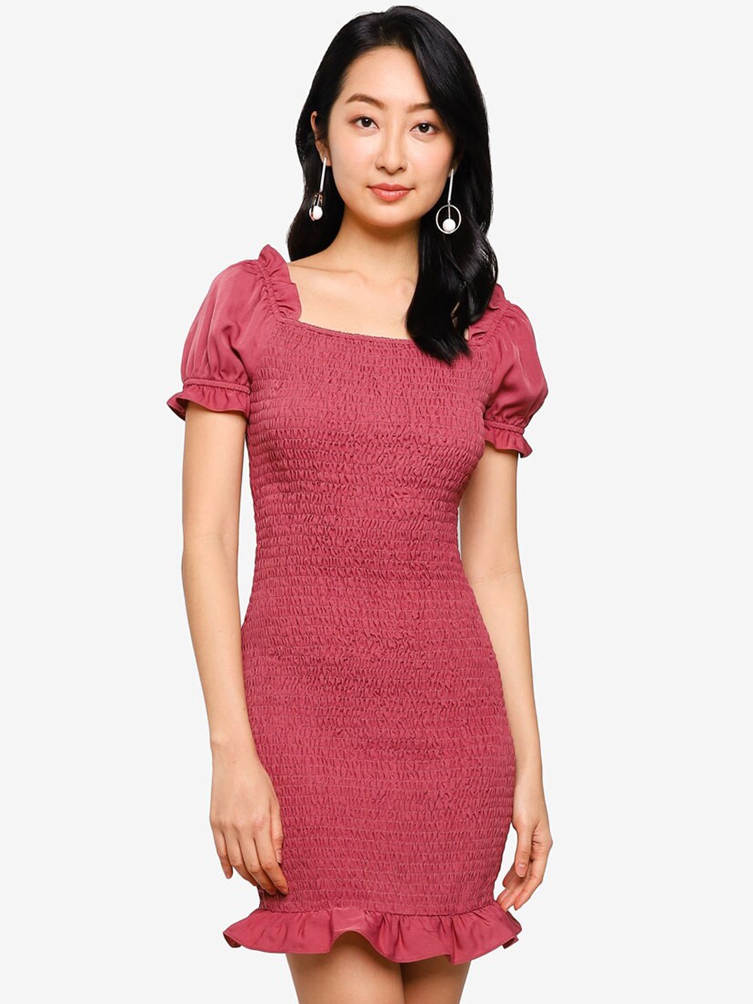 

ZALORA BASICS Pink Square Neck Smocked Mini Dress