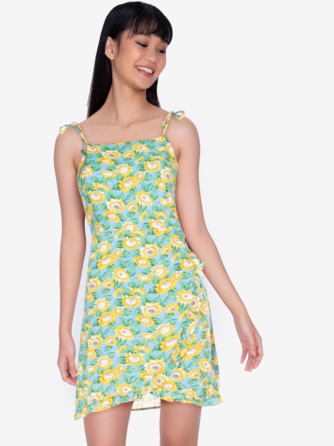 

ZALORA BASICS Women Yellow & Green Floral Printed Tie Straps A-Line Dress