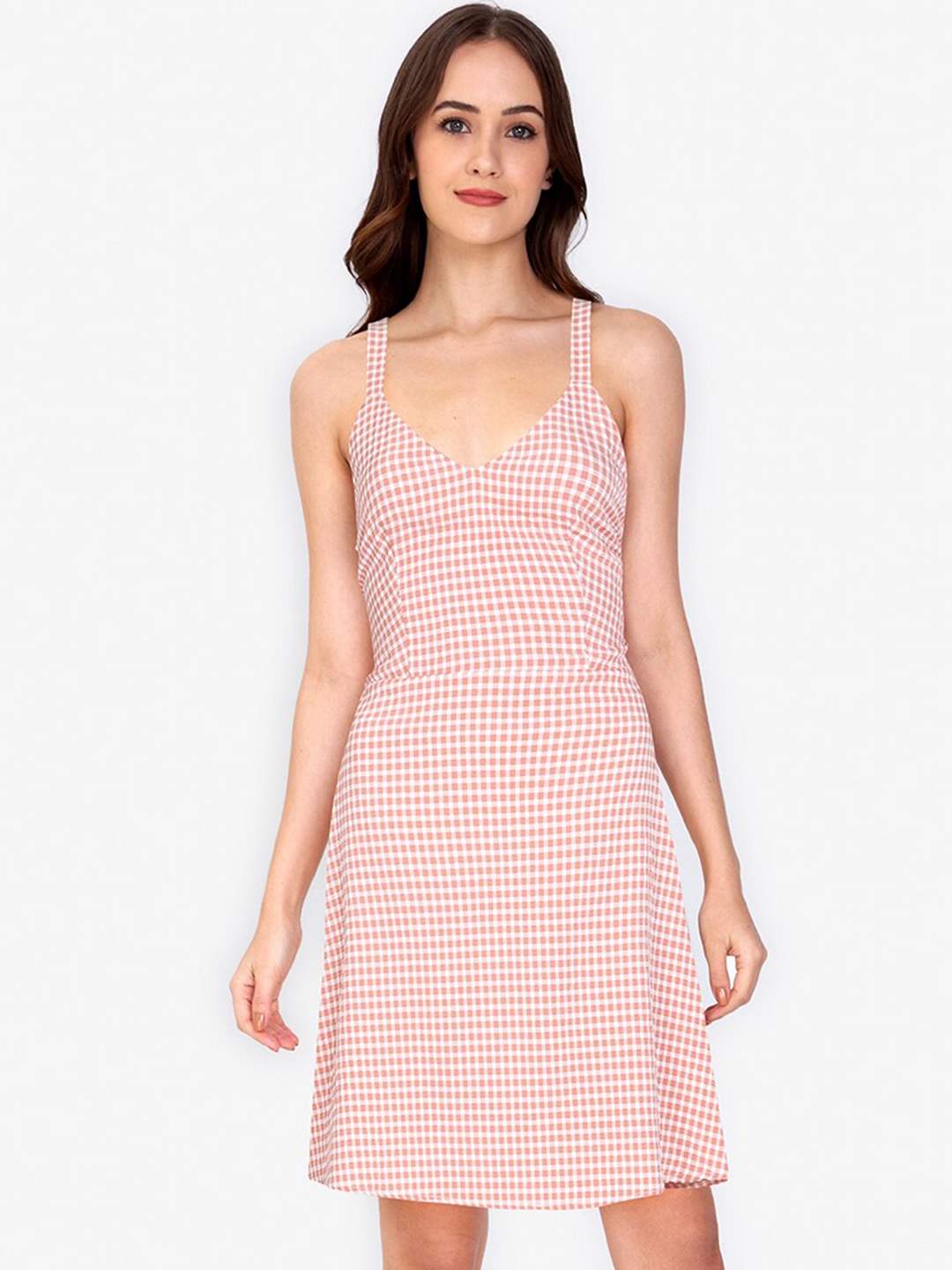 

ZALORA BASICS Women Pink & White Checked A-Line Styled Back Dress