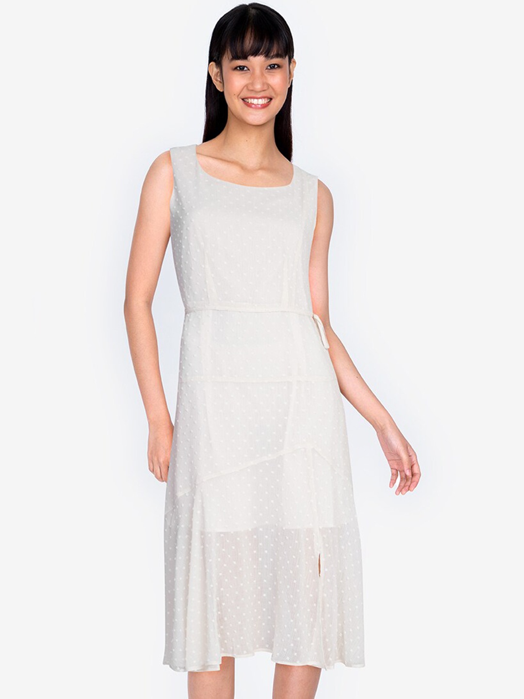 

ZALORA BASICS Women Off White Textured A-Line Dress With Slit