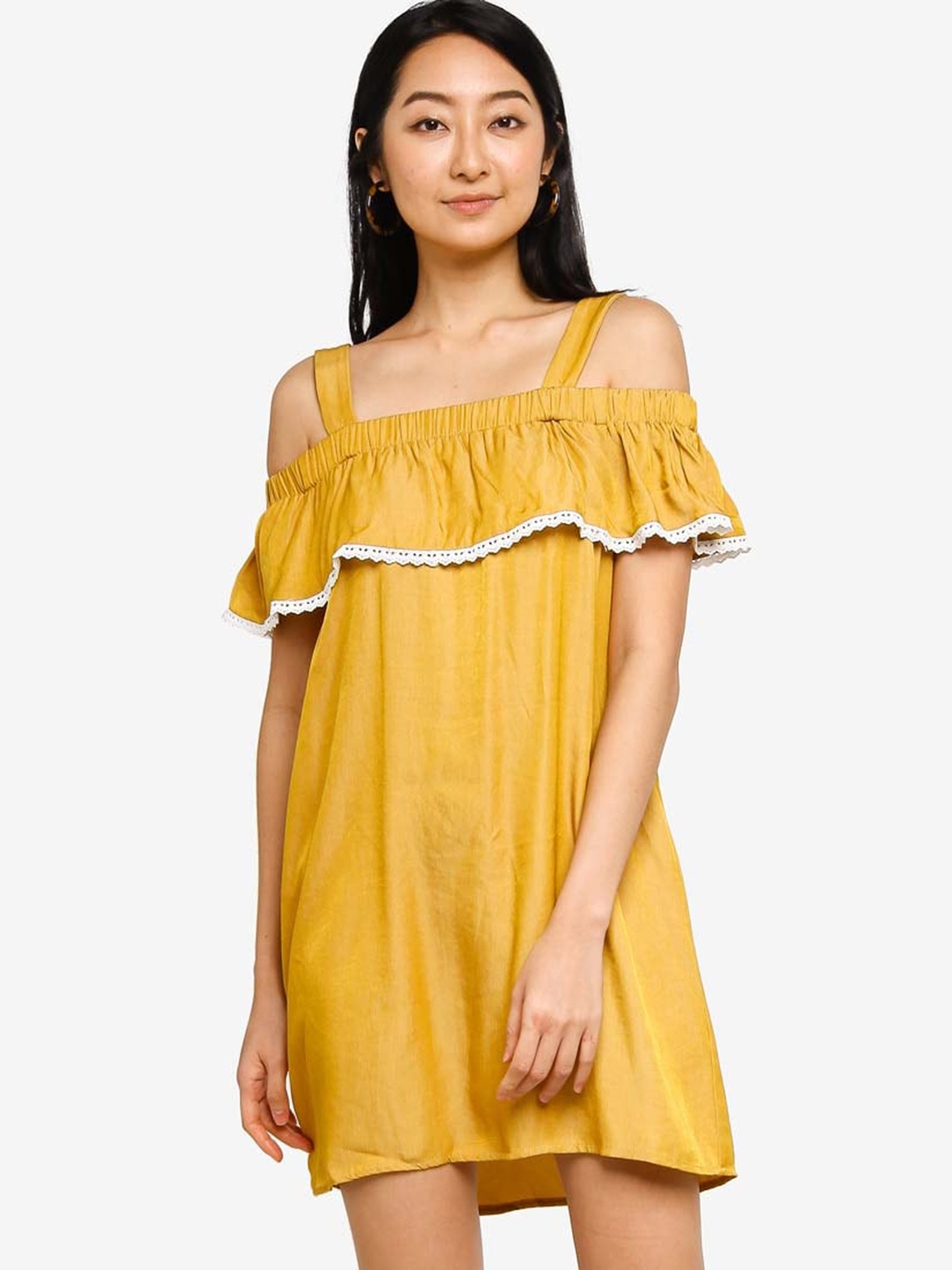 

ZALORA BASICS Yellow Embroidered Cold Shoulder Mini Dress