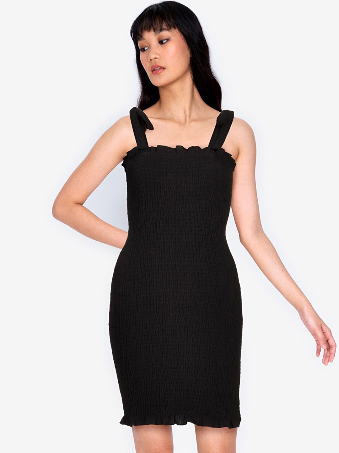 

ZALORA BASICS Black Off-Shoulder Sheath Tie Straps Smocked Mini Dress