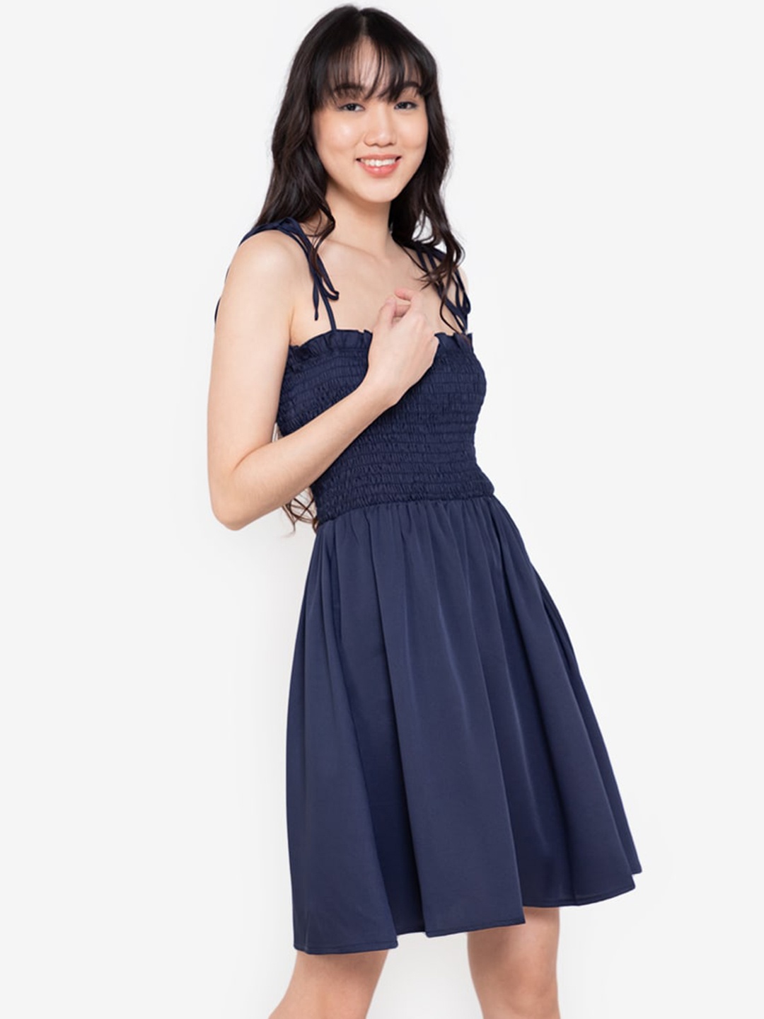 

ZALORA BASICS Women Solid Navy Blue Smocked Bodice A-Line Dress