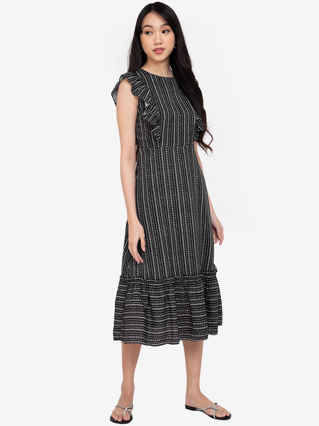 

ZALORA BASICS Black & White Ethnic Motifs A-Line Midi Dress