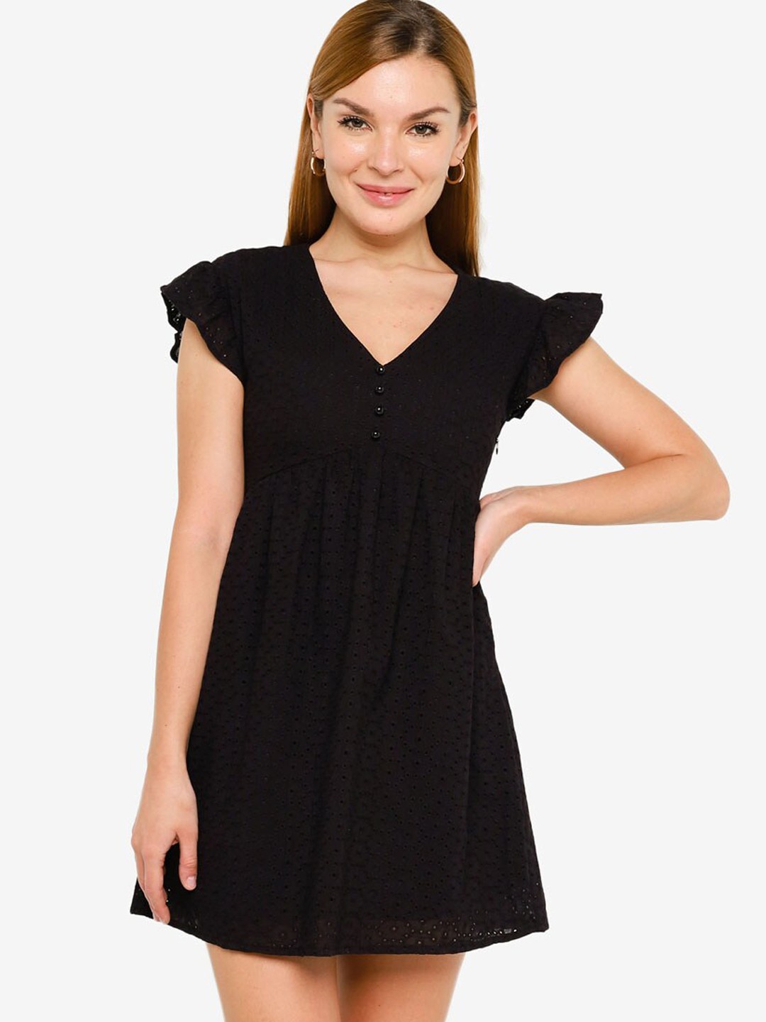 

ZALORA BASICS Black Cotton Eyelet Babydoll Dress
