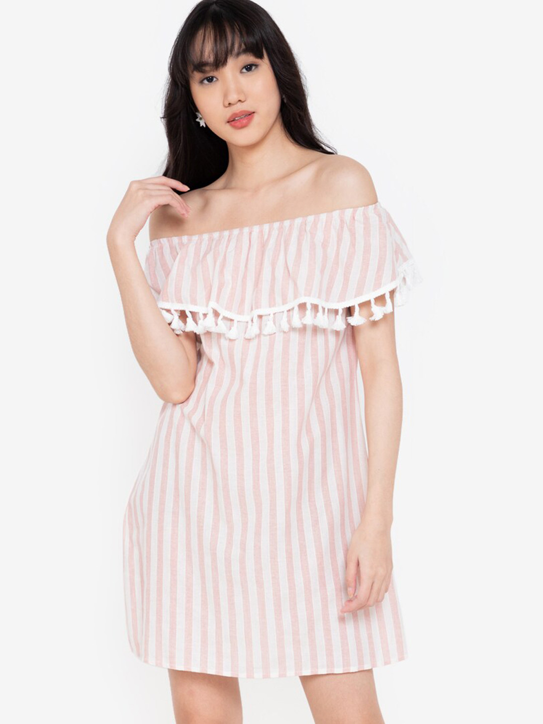 

ZALORA BASICS Multicoloured Striped Off-Shoulder A-Line Dress, Multi