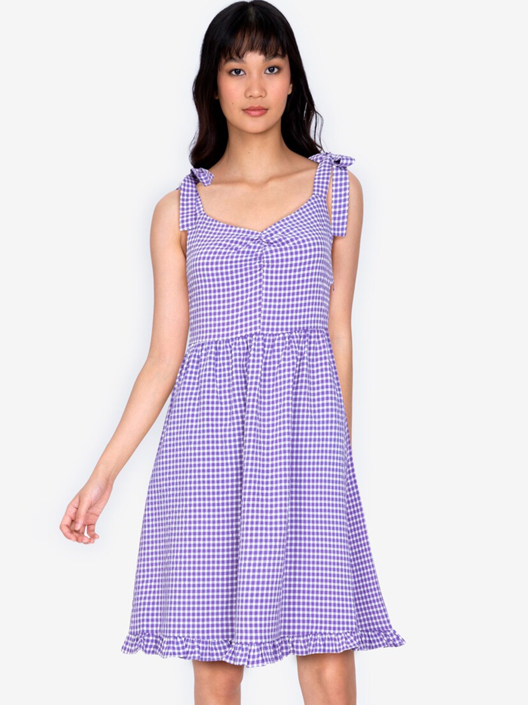 

ZALORA BASICS Lavender & White Checked A-Line Dress