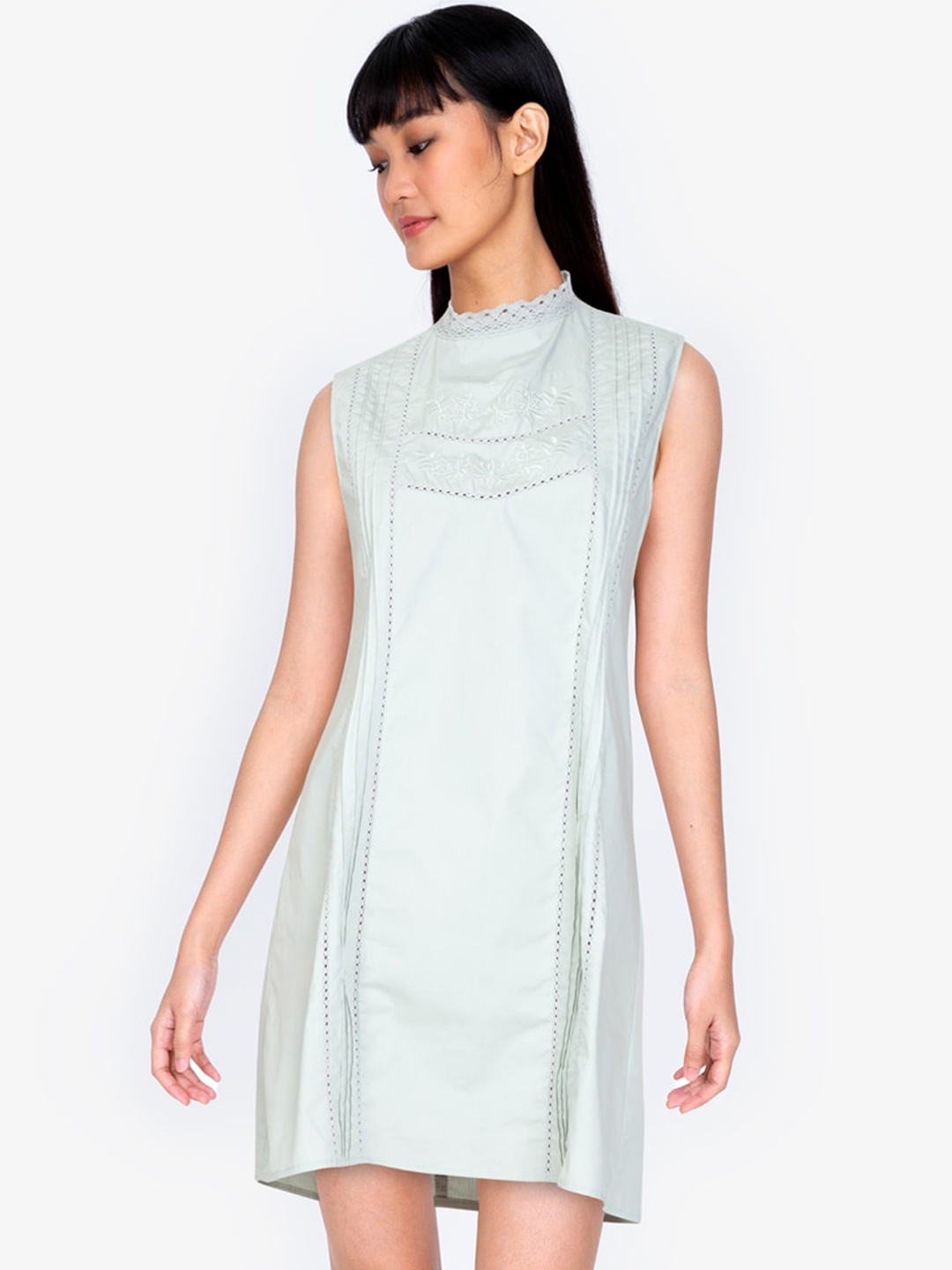 

ZALORA BASICS Women Green Self Design Embroidered High Neck Sleeveless A-Line Dress