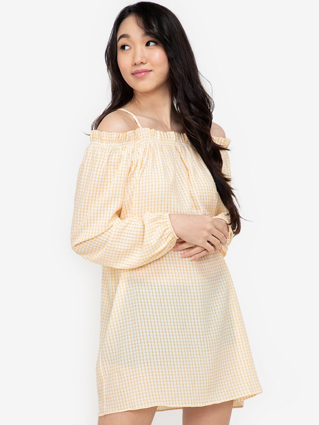 

ZALORA BASICS Beige Striped Off-Shoulder A-Line Mini Dress