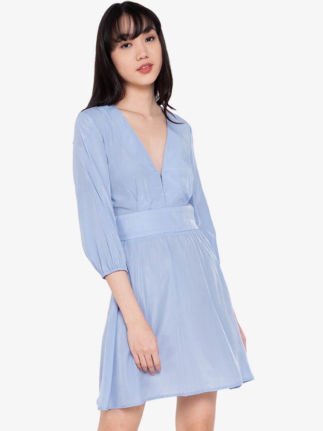 

ZALORA BASICS Blue Solid Puff Sleeve Fit and Flare Dress