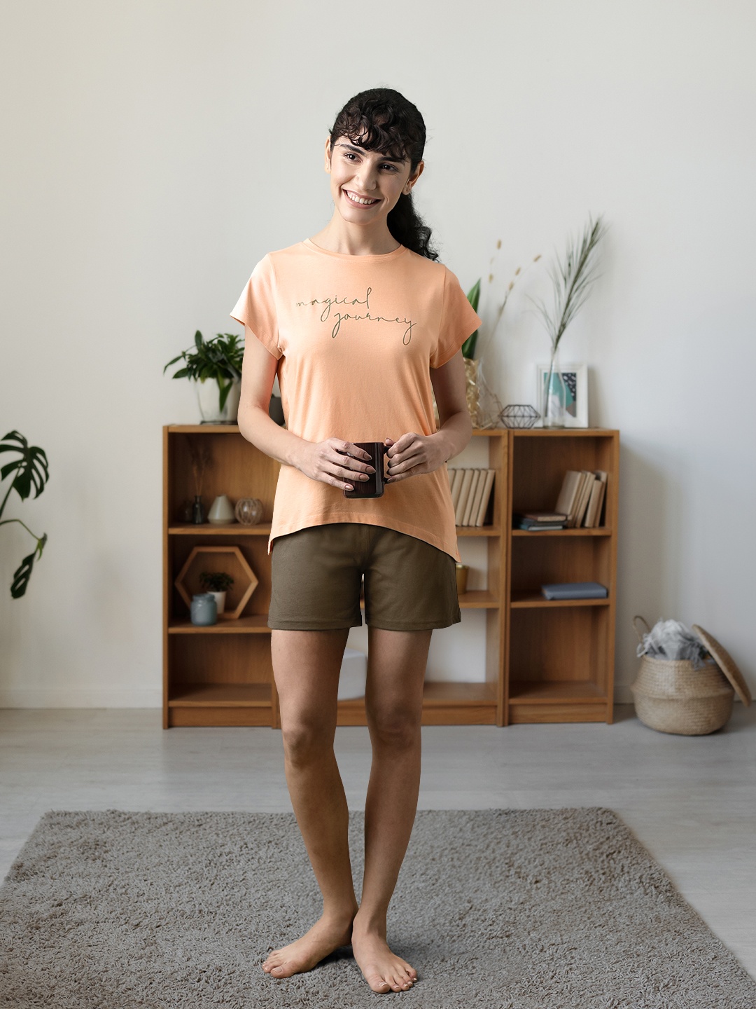 

Sweet Dreams Women Peach-Coloured & Olive Green Pure Cotton Printed Shorts Set