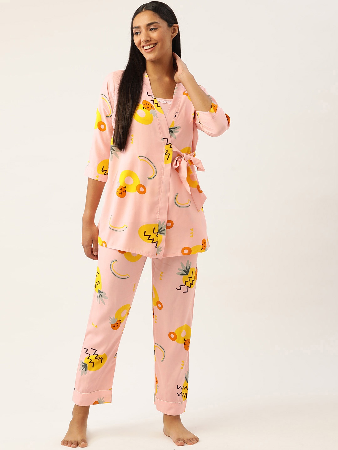 

Sweet Dreams Women 3 Pc Peach-Coloured & Yellow Printed Night Suit Set