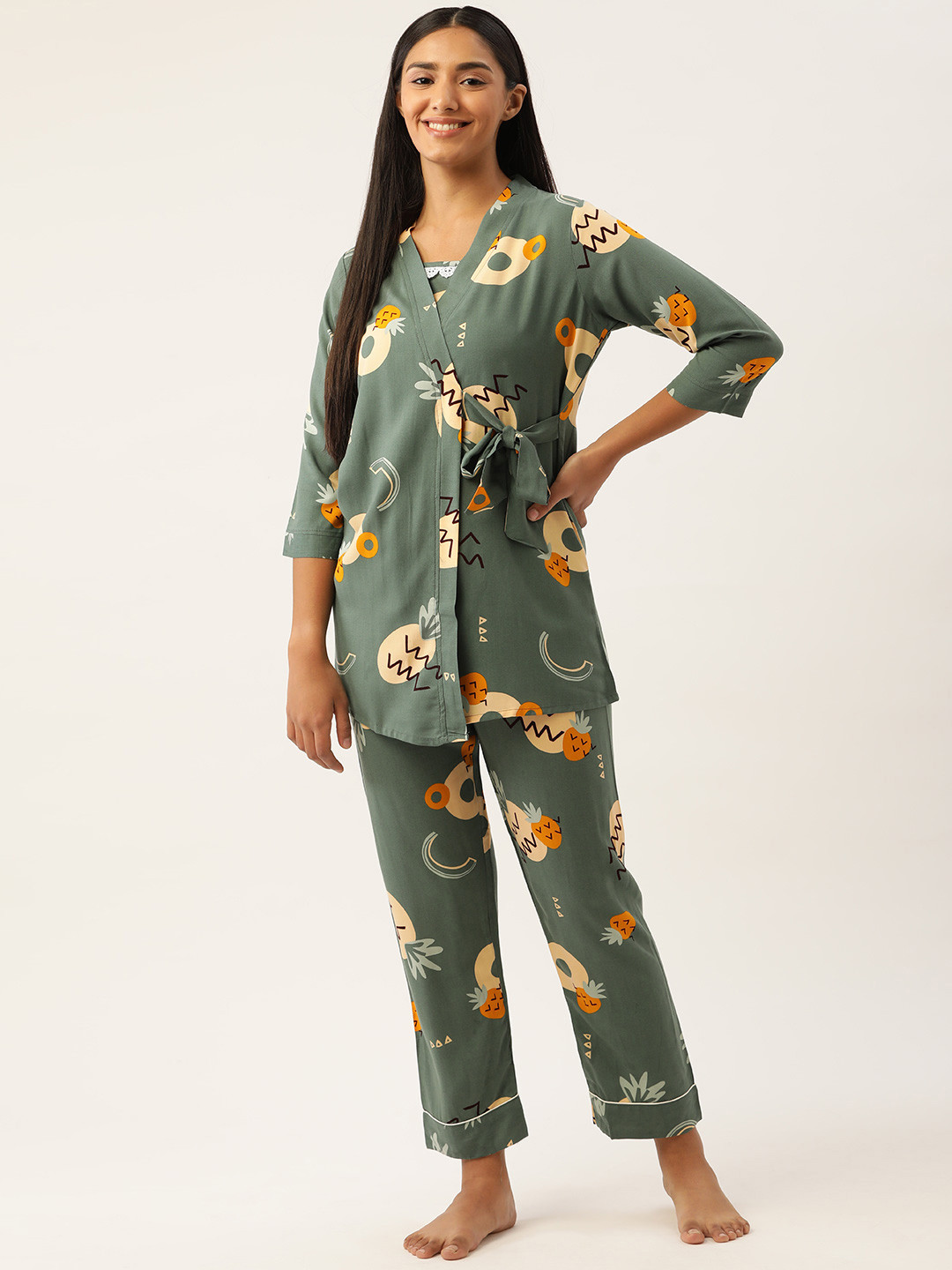 

Sweet Dreams Women 3 Pc Olive Green & Cream-Coloured Printed Night suit