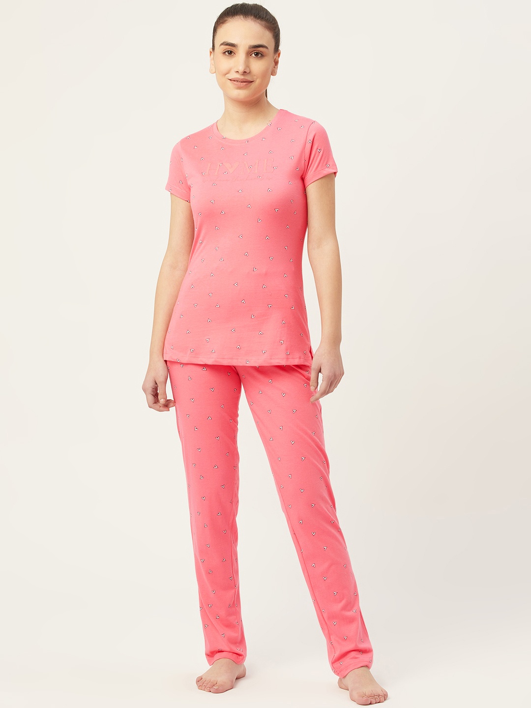 

Sweet Dreams Women Pink & White Pure Cotton Conversational Printed Pyjama Set
