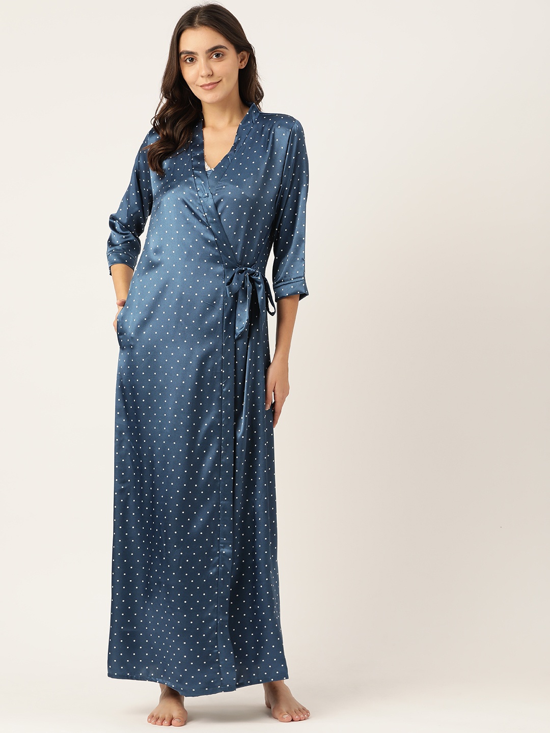 

Sweet Dreams Navy Blue & White Printed Satin Maxi Nightdress With Robe