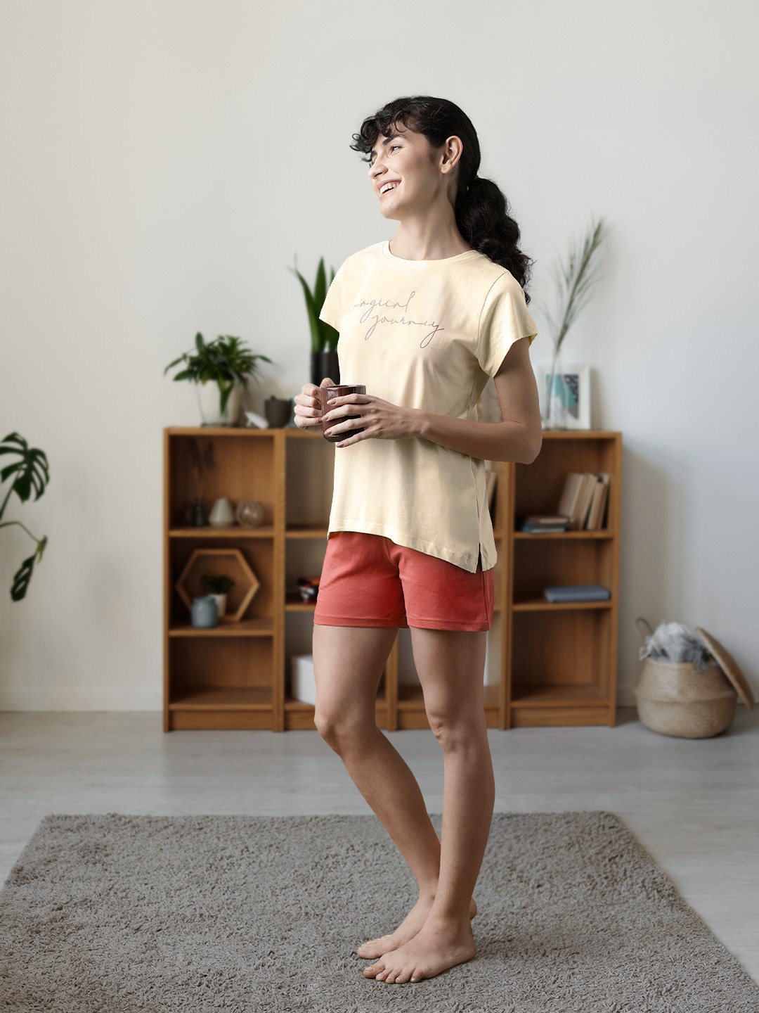 

Sweet Dreams Women Cream-Coloured & Rust Red Pure Cotton Printed Shorts Set