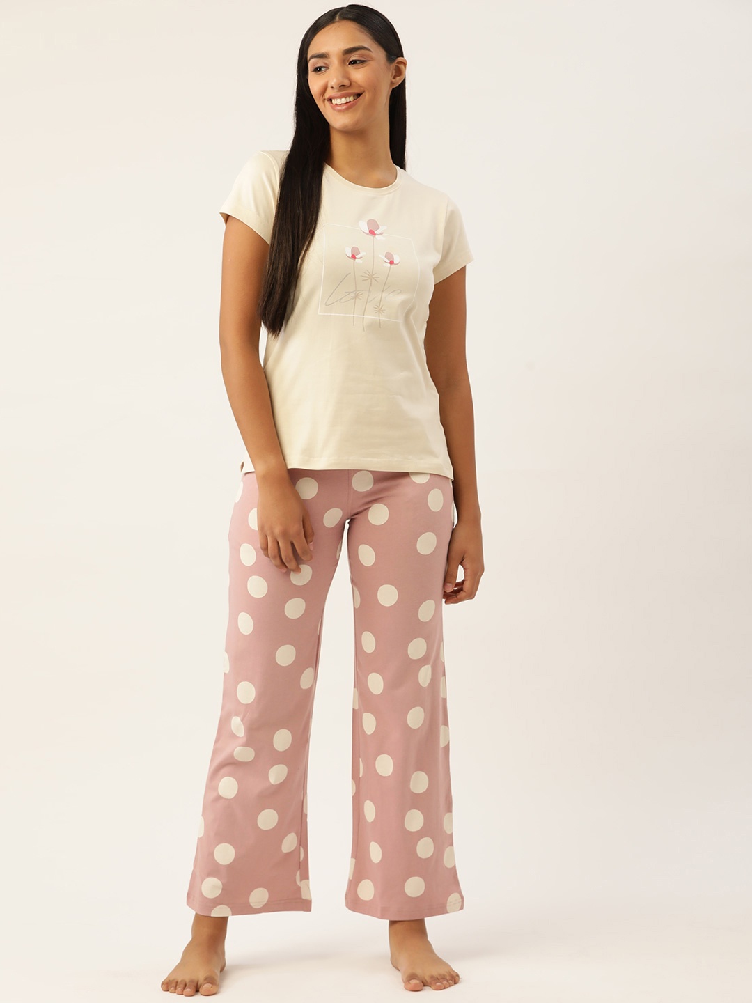 

Sweet Dreams Women Off White & Mauve Printed Night suit