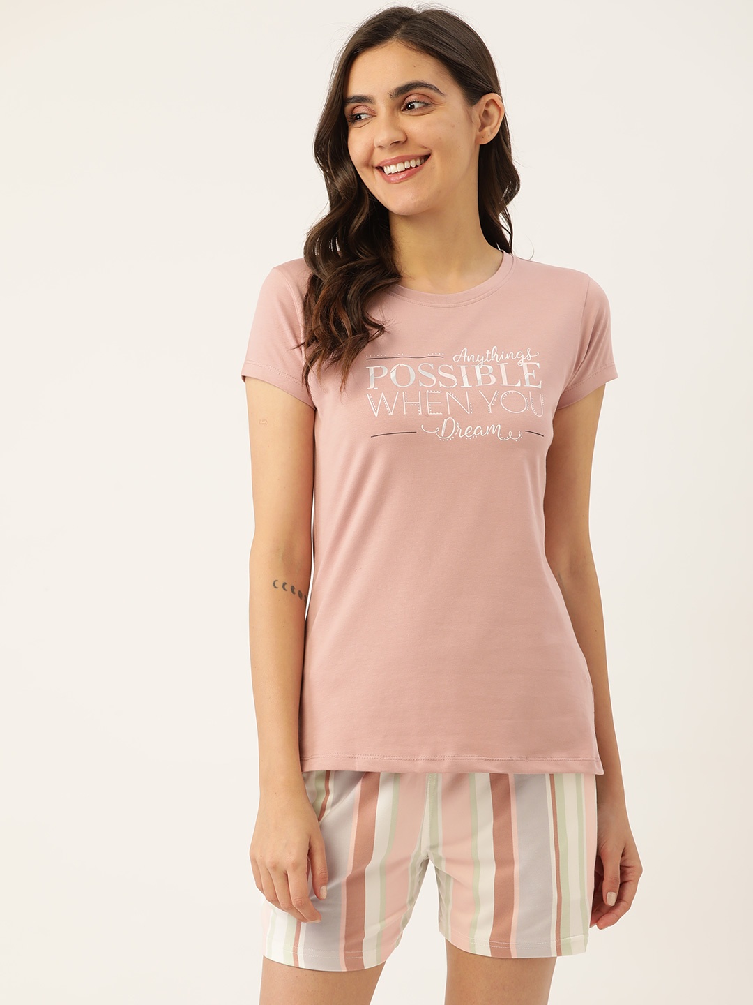 

Sweet Dreams Women Dusty Pink & White Printed Short Set, Rose