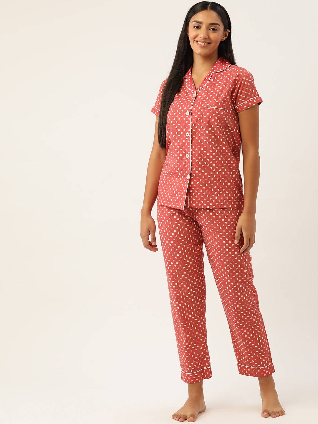 

Sweet Dreams Women Coral Pink & White Printed Pure Cottom Night suit