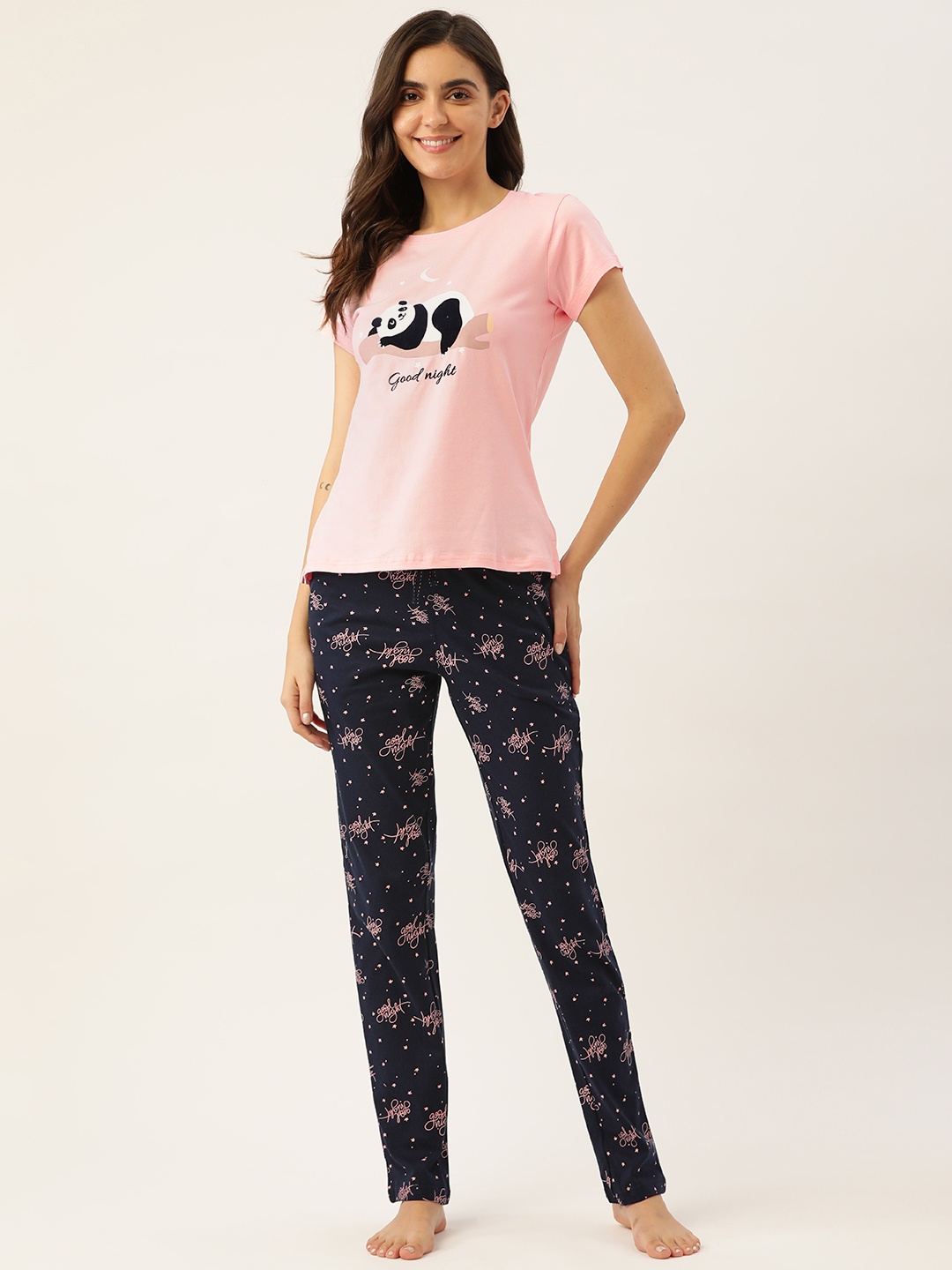 

Sweet Dreams Women Pink & Navy Blue Printed Pyjama Set