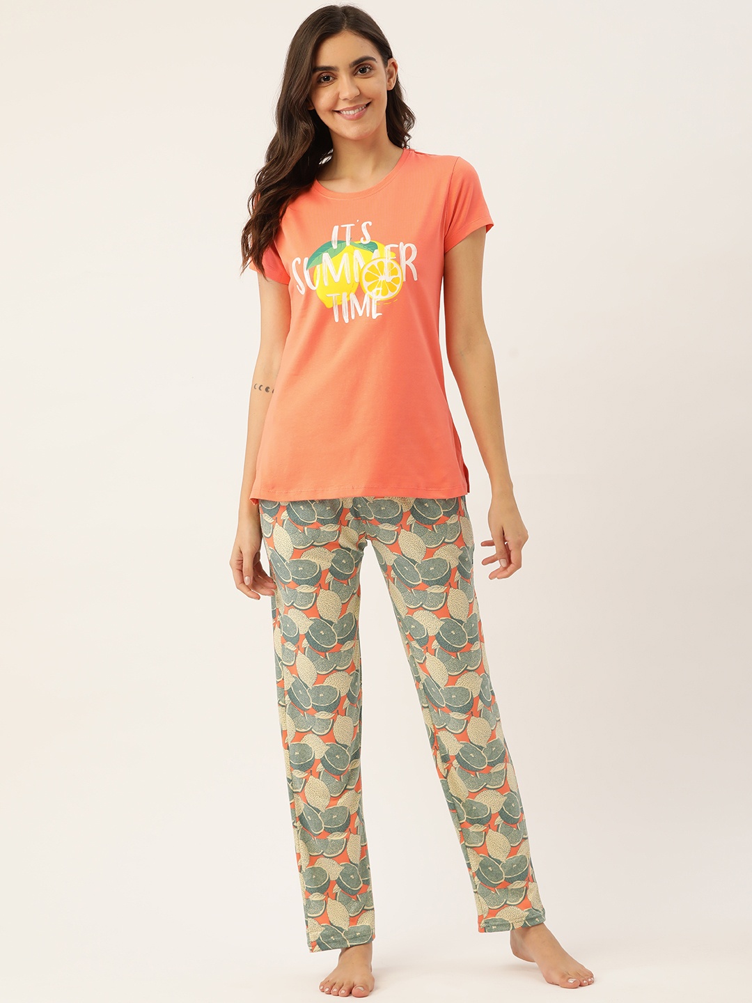 

Sweet Dreams Women Coral Orange & Green Printed Pyjama Set