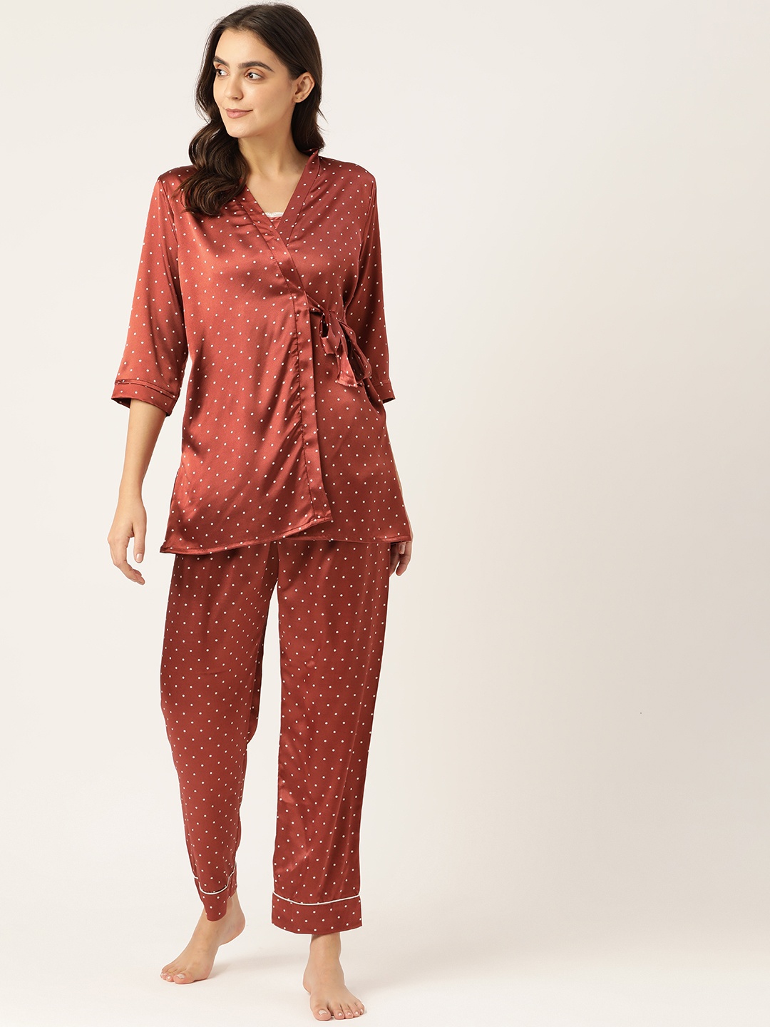 

Sweet Dreams Women 3 Piece Rust Red & White Printed Cotton Night Suit Set