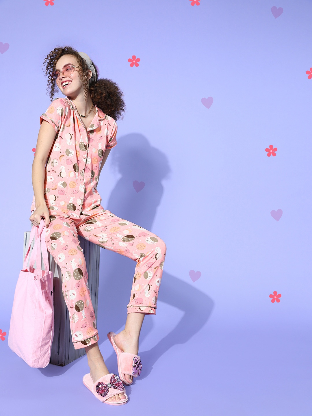 

Sweet Dreams Women Pink Conversational Sleep Staple Night Suit
