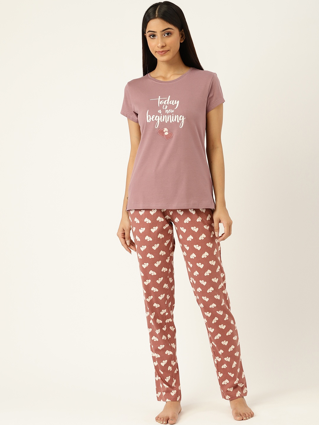 

Sweet Dreams Women Dusty Pink & White Night suit, Rose