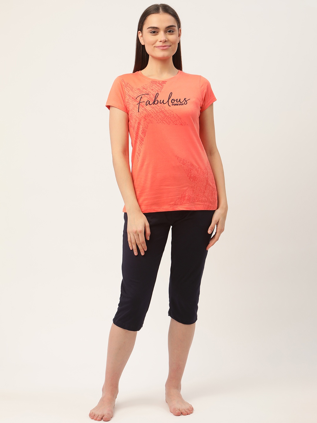 

Sweet Dreams Women Peach-Coloured & Navy Blue Pure Cotton Embroidered Night suit