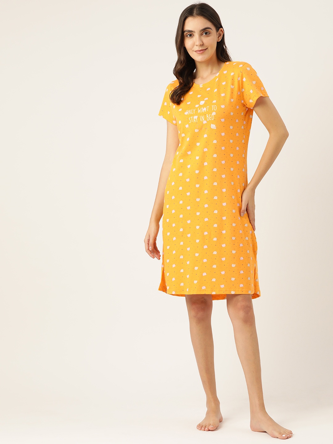 

Sweet Dreams Mustard Yellow & White Printed Cotton Nightdress