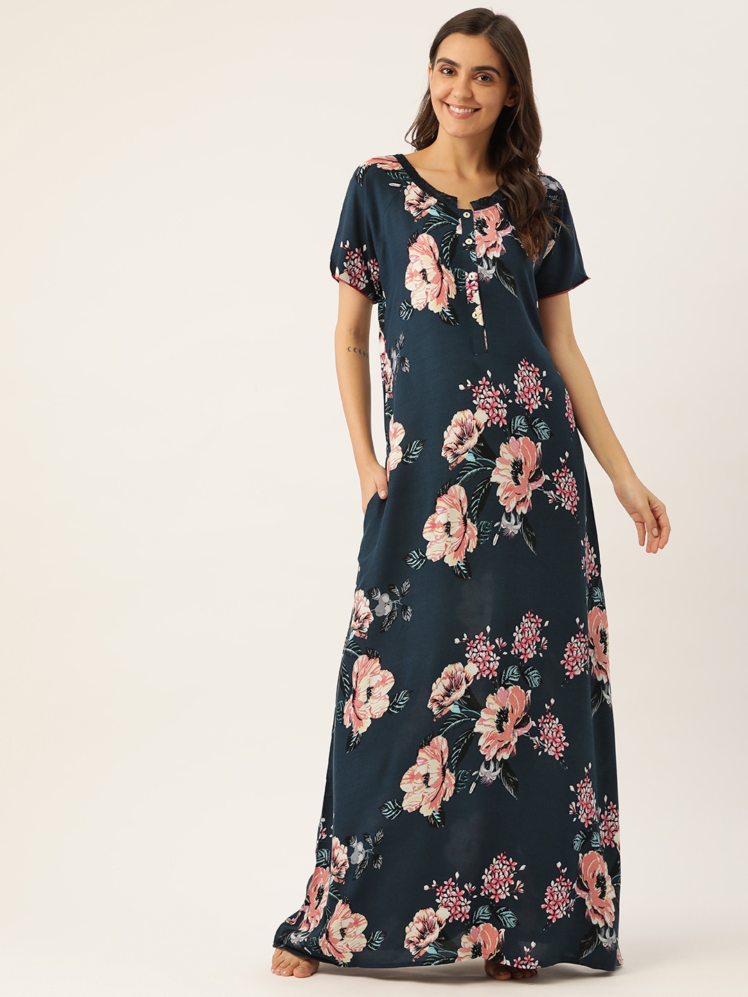 

Sweet Dreams Navy Blue Printed Maxi Nightdress