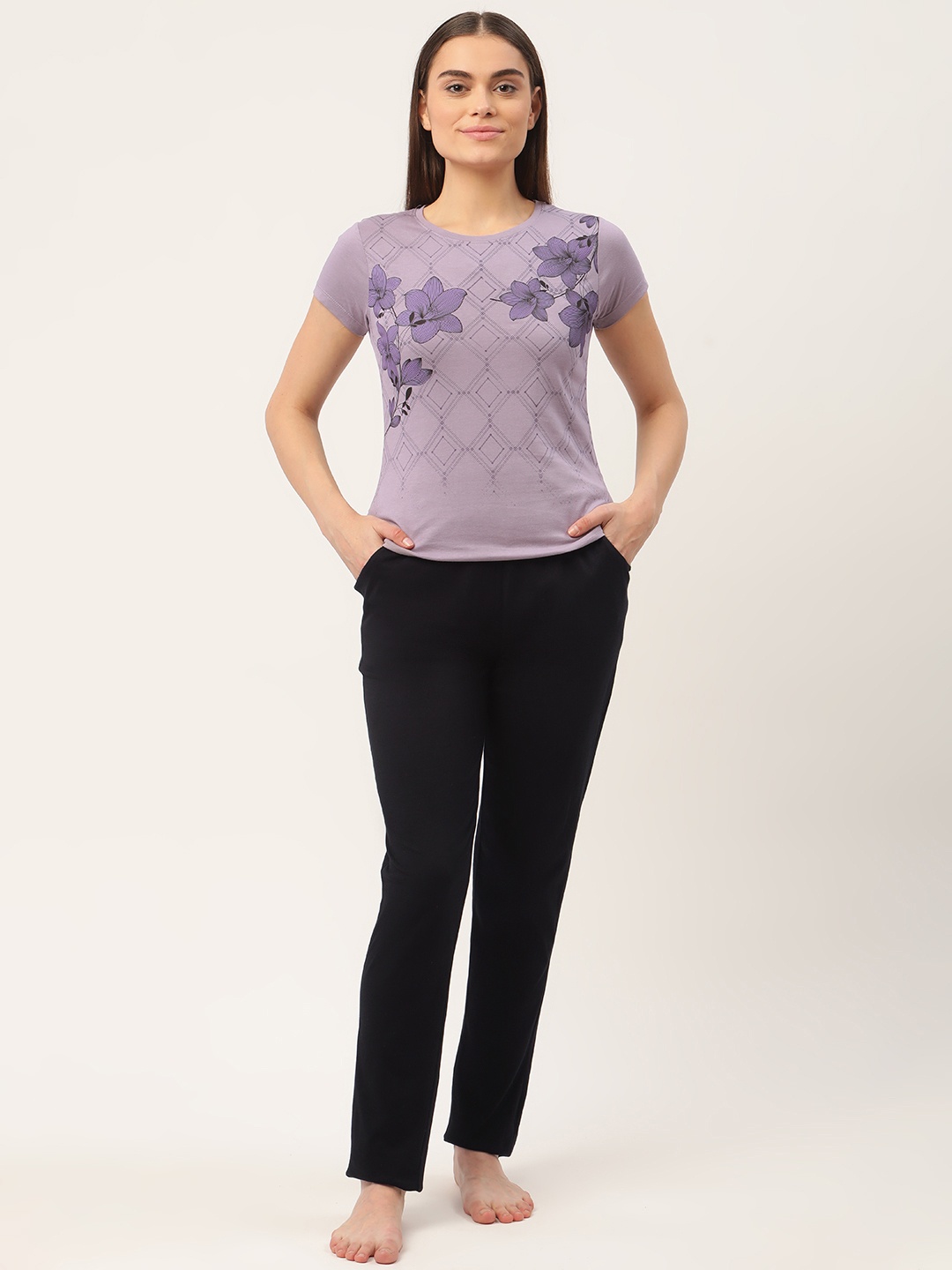 

Sweet Dreams Women Lavender & Black Printed Pure Cotton Night suit